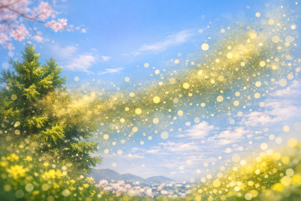春の愛知の空とスギ花粉の飛散イメージ(地域差を表現したAI生成画像)