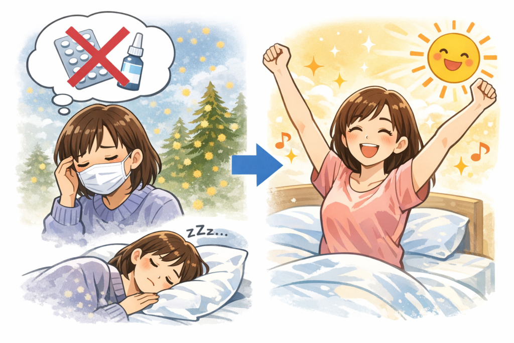花粉症で悩む人が睡眠で改善した様子（マスクなし・元気な朝）