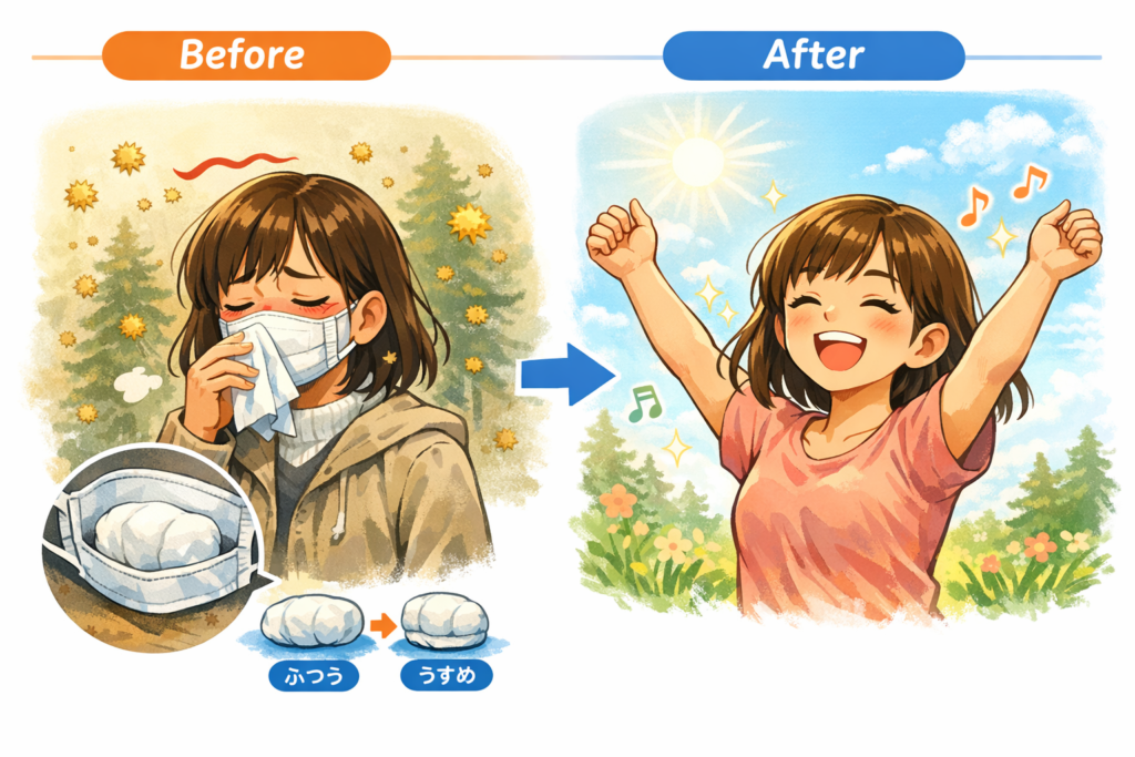 インナーマスクで花粉症が改善し笑顔になる様子（AI生成画像）
