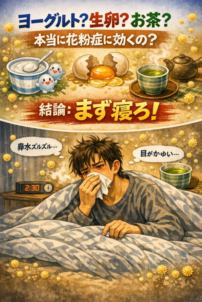 花粉症対策としてヨーグルト・生卵・お茶を試したが効果がなく、寝不足でつらそうな男性と「結論：まず寝ろ！」の文字が入ったイラスト
