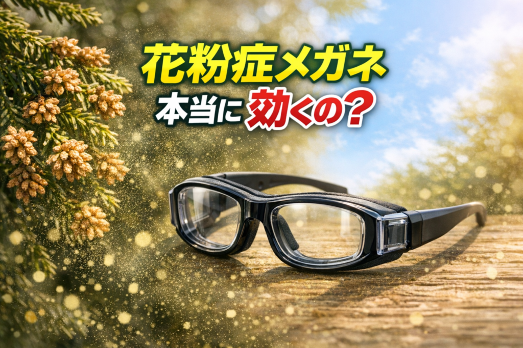 スギ花粉が飛散する屋外で、黒縁の花粉症メガネが木のテーブルに置かれている。背景にはスギの枝と舞う黄色い花粉が映っている。