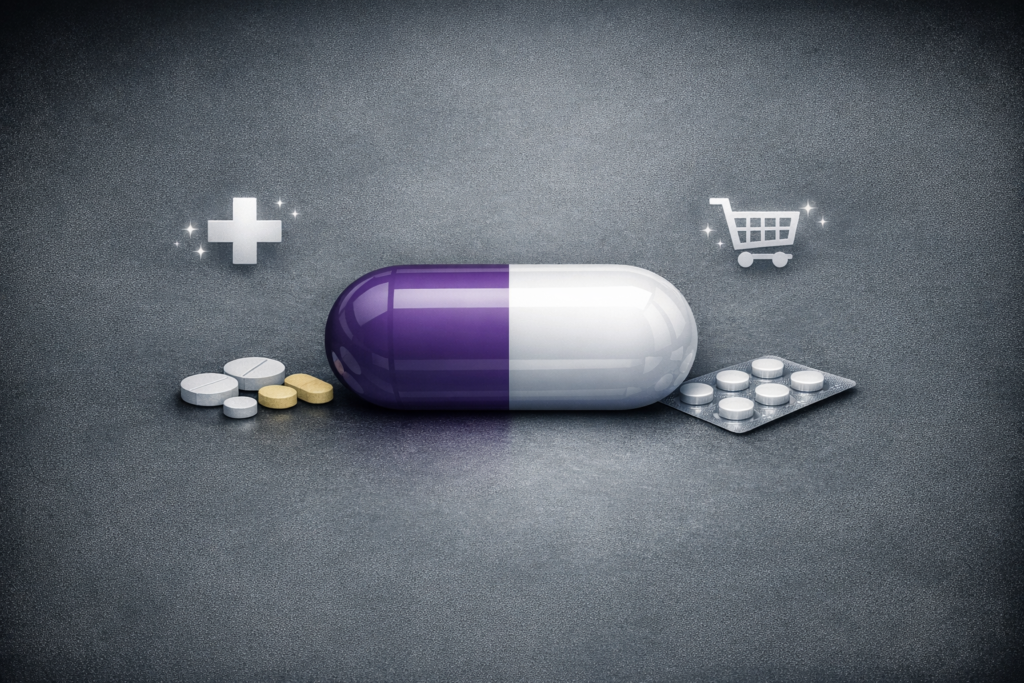 中央に大きなカプセル型の薬が配置されたシンプルな構図。背景は落ち着いたグレーで、左に病院の薬、右に市販ジェネリック「アレルビ」のイメージ
