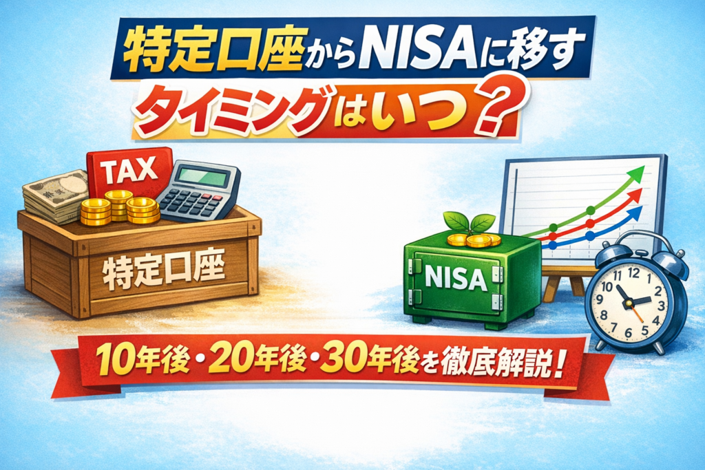 特定口座からNISAに移すタイミングを解説するブログ用サムネイル。税金と非課税の違い、長期の資産推移をイメージしたデザイン。